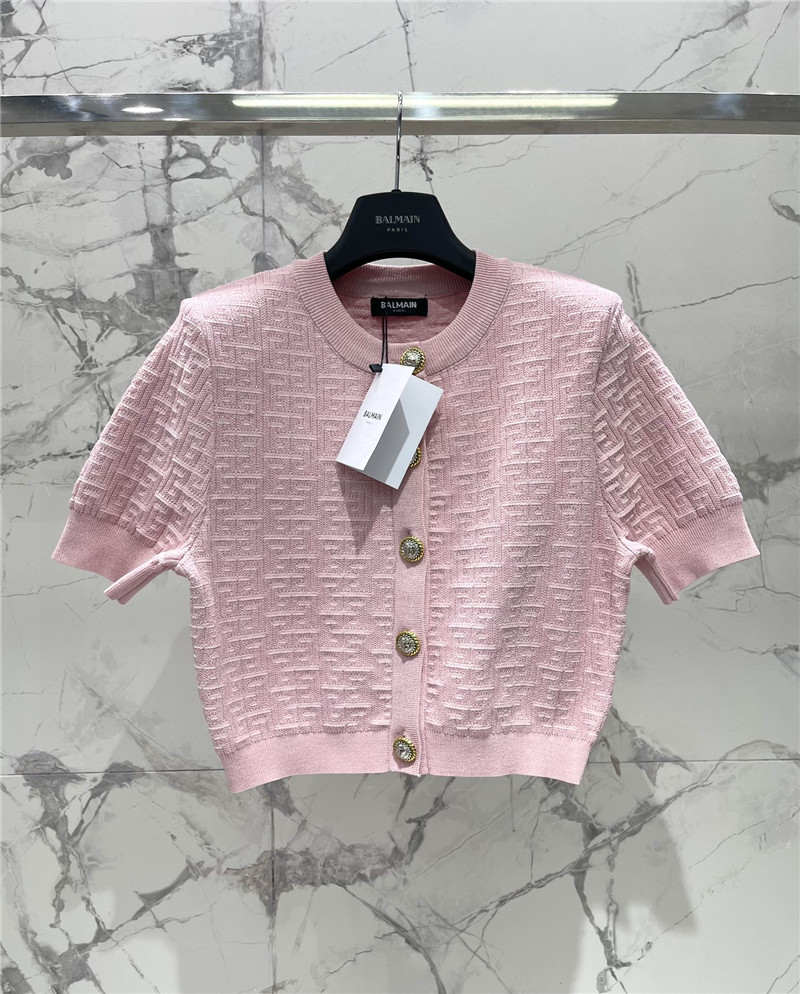 Balmain Jacquard Short Knit Cardigan in Pink