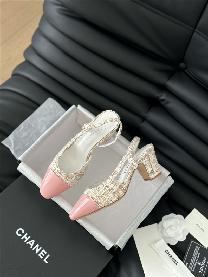 Ch**el tweed pink lambskin cap toe slingback pumps