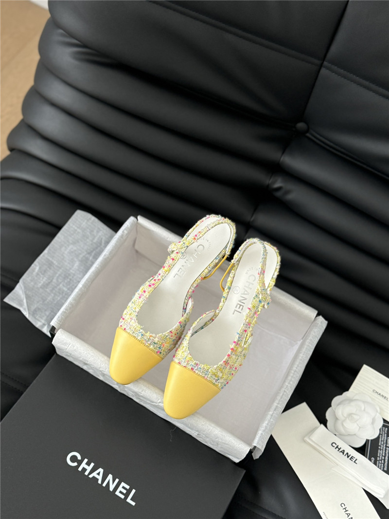 Ch**el tweed yellow lambskin cap toe slingback pumps
