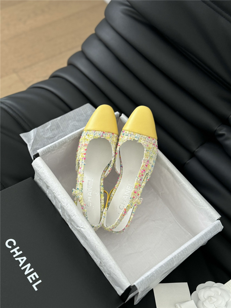 Ch**el tweed yellow lambskin cap toe slingback pumps