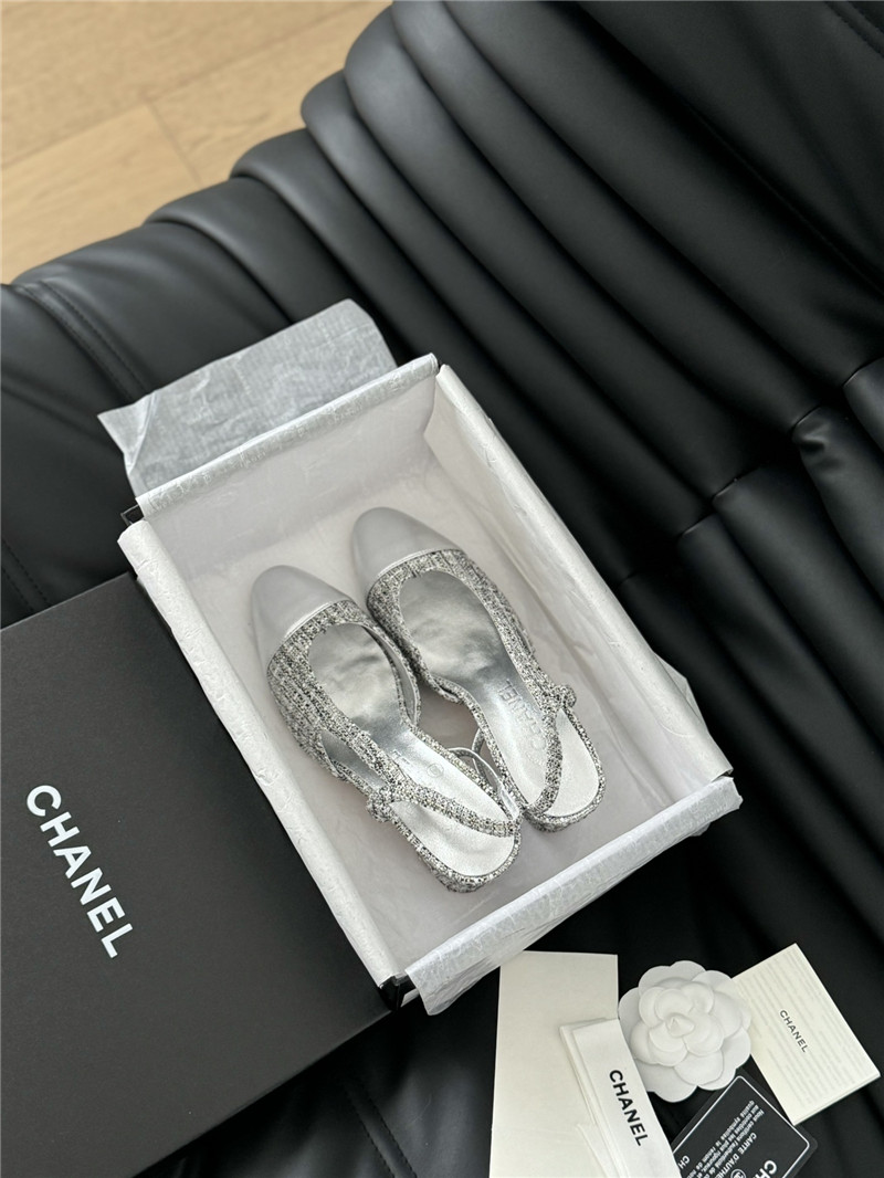 Ch**el tweed silver lambskin cap toe slingback pumps