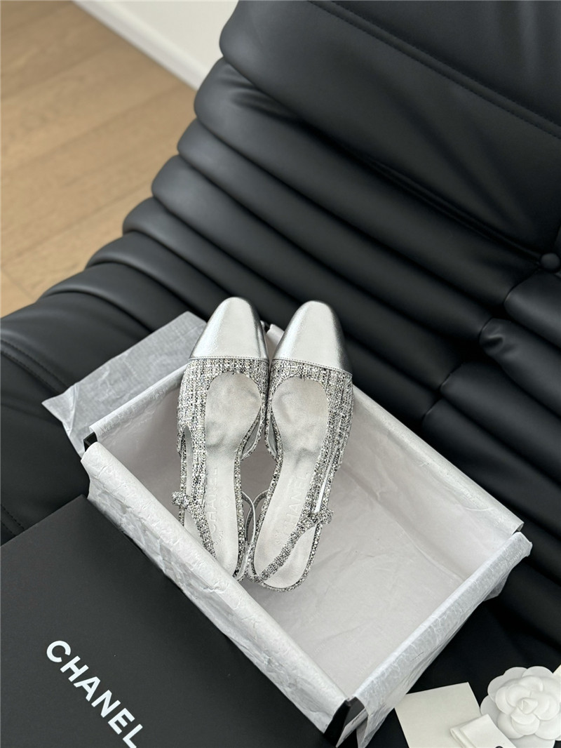 Ch**el tweed silver lambskin cap toe slingback pumps