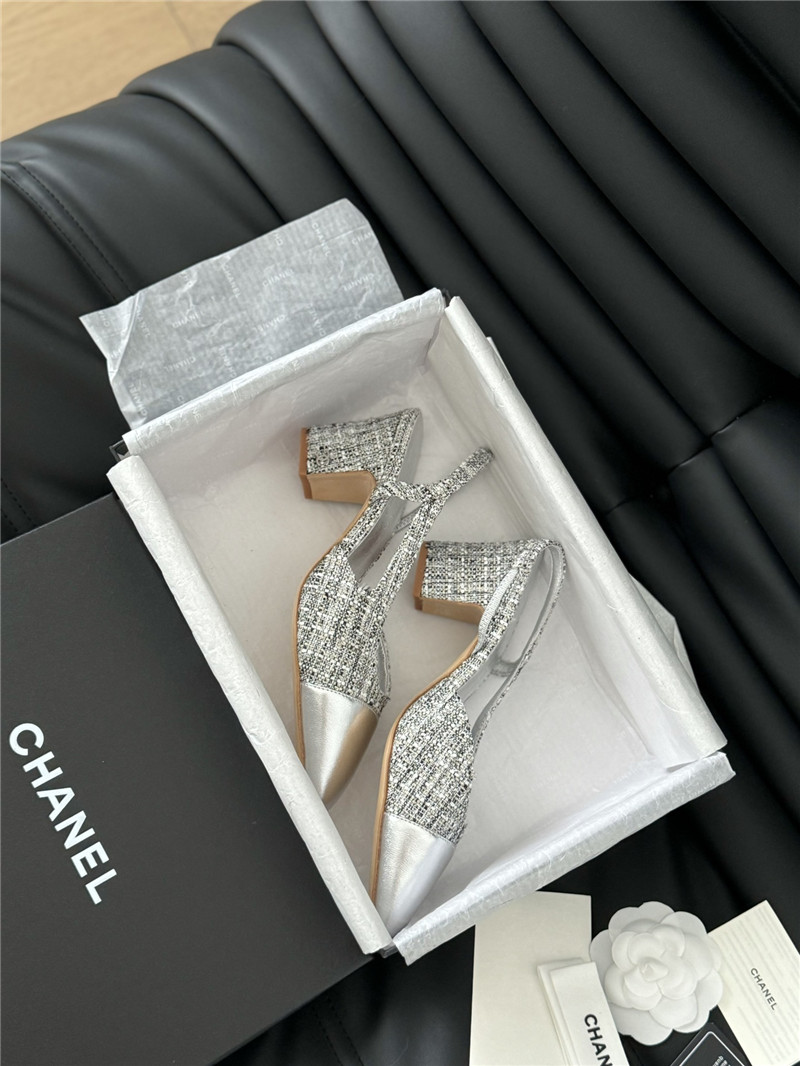 Ch**el tweed silver lambskin cap toe slingback pumps