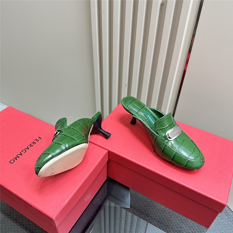 Ferragamo 55mm Green Crocodile-Effect Leather Mules