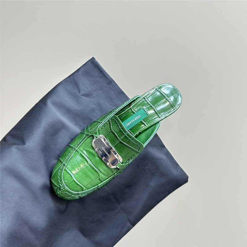 Ferragamo 55mm Green Crocodile-Effect Leather Mules