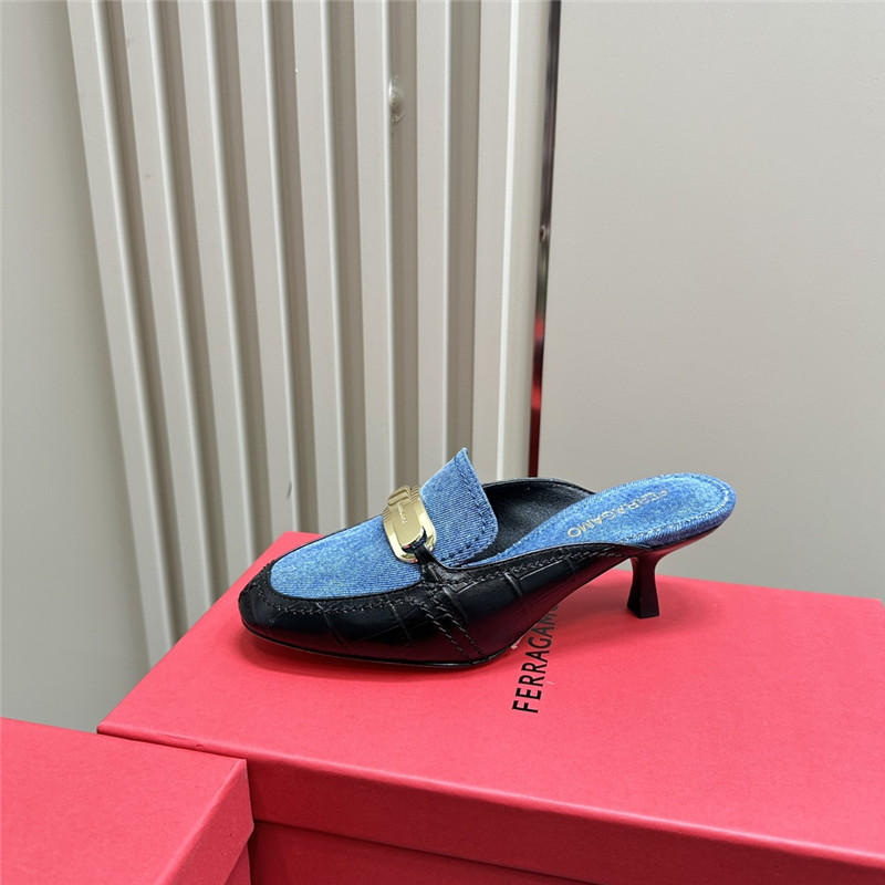 Ferragamo 55mm Crocodile-Effect Leather Mules in Blue