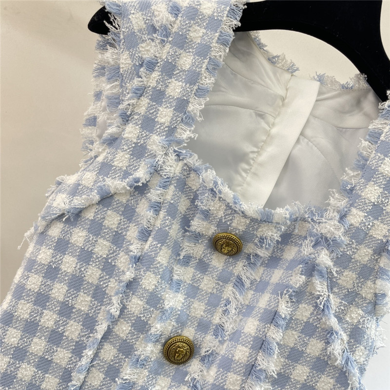 Balmain blue and white plaid fringe dress replica clothes