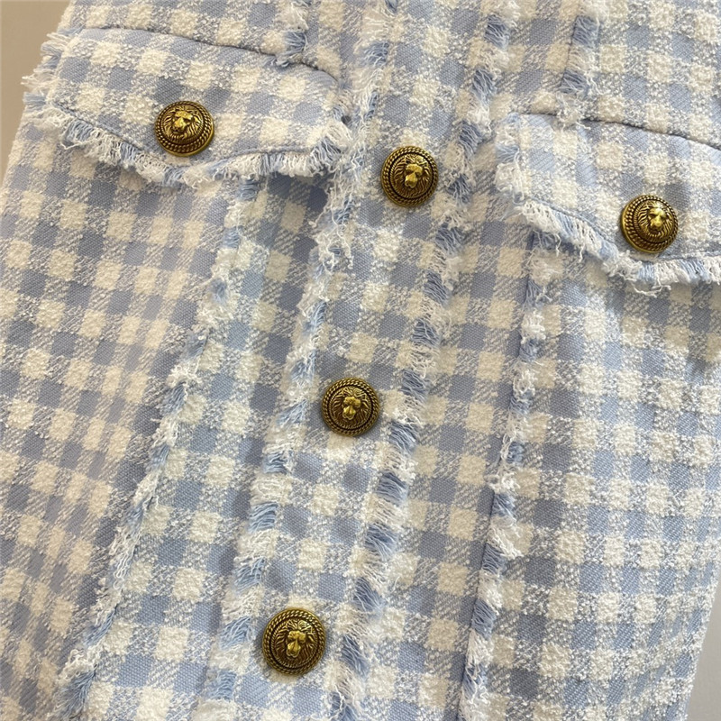 Balmain blue and white plaid fringe dress replica clothes