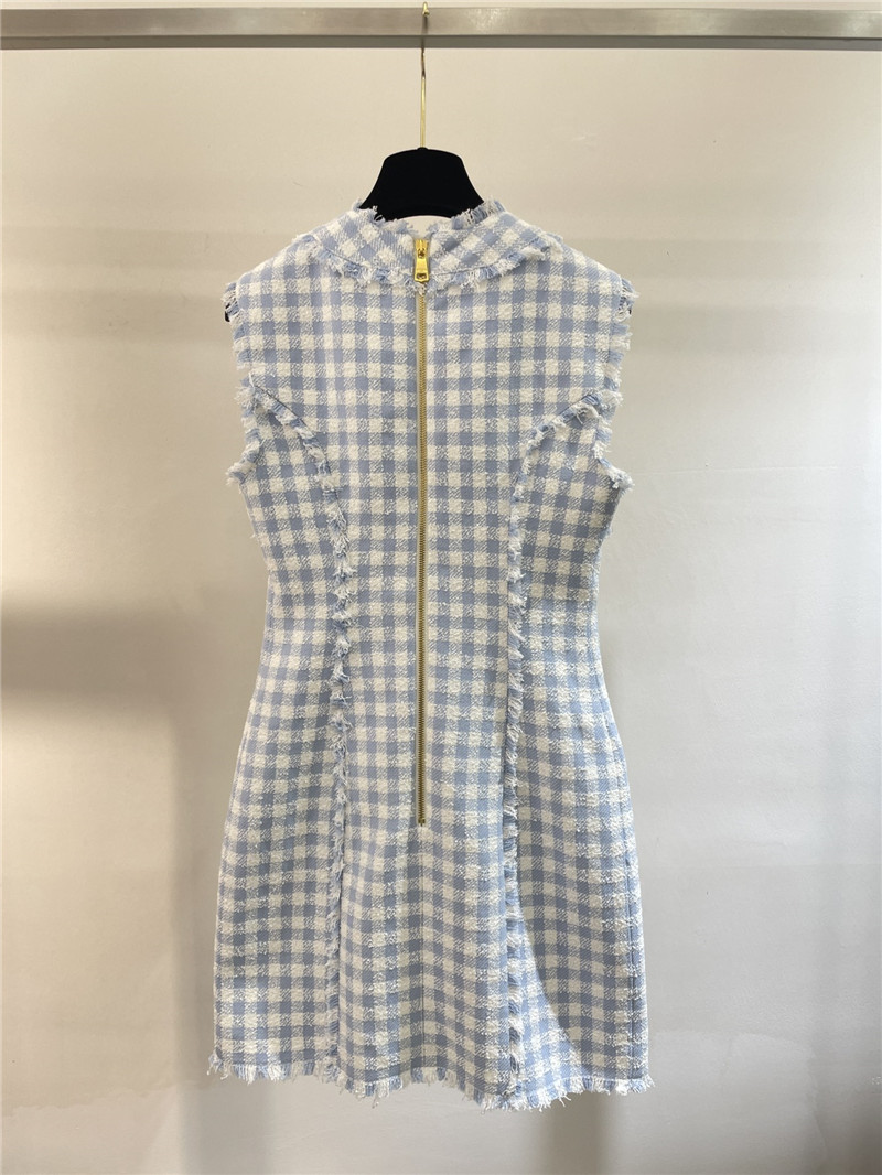 Balmain blue and white plaid fringe dress replica clothes