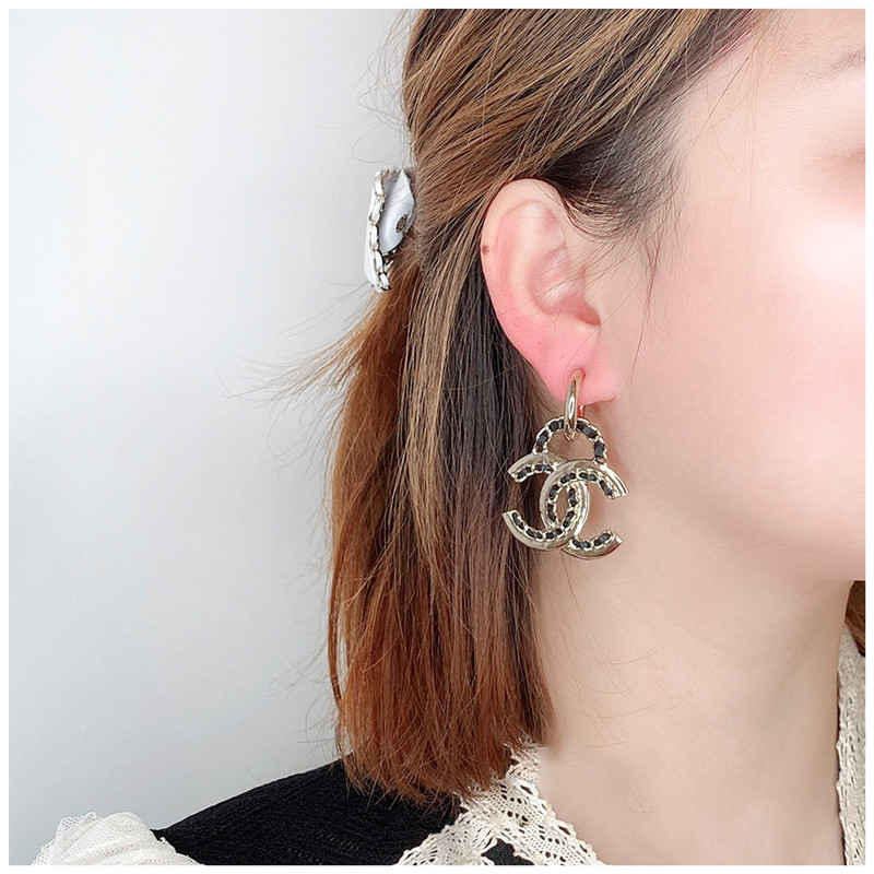 Ch**el leather chain double c earrings