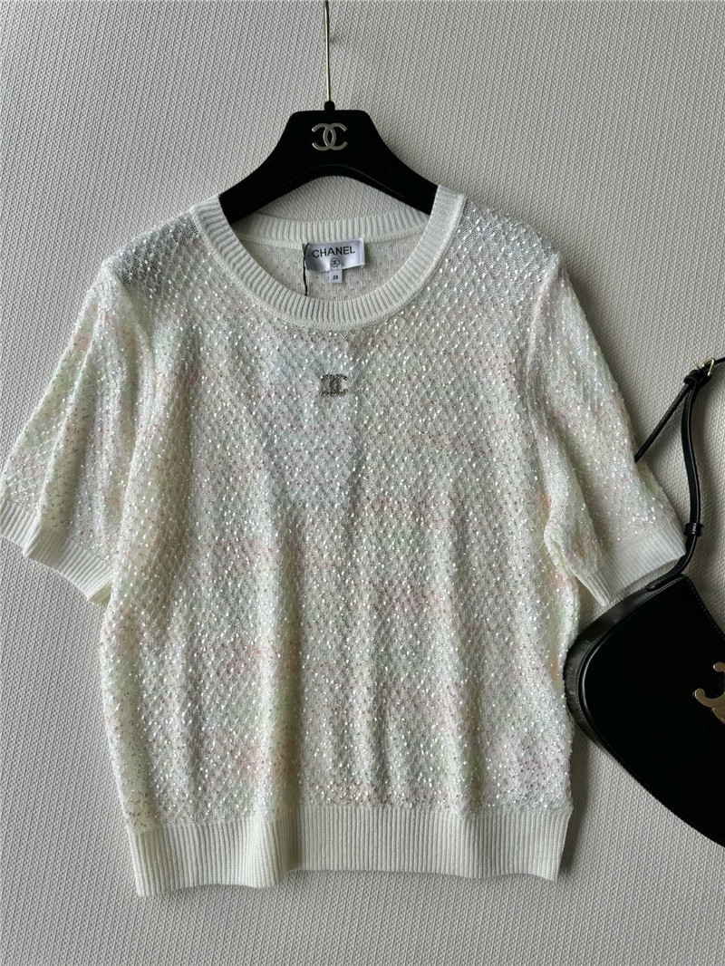 Ch**el new bling beads embellished short-sleeved replica clothing