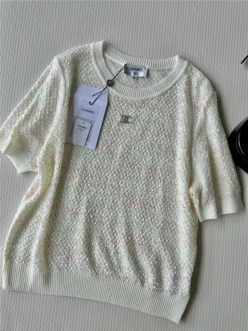 Ch**el new bling beads embellished short-sleeved replica clothing