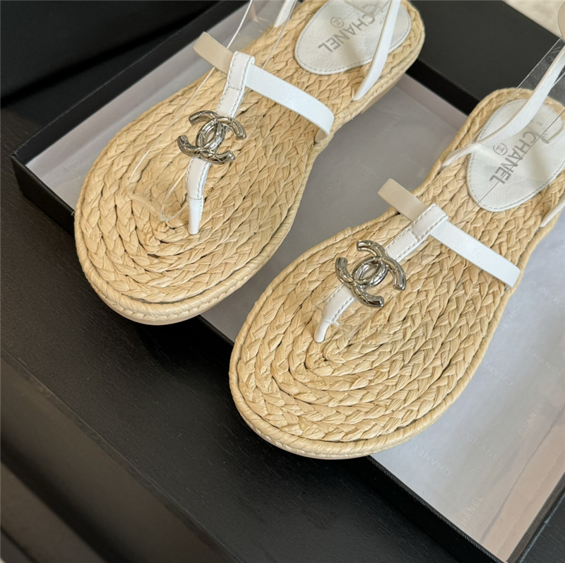 Ch**el logo t-strap raffia sandals in white
