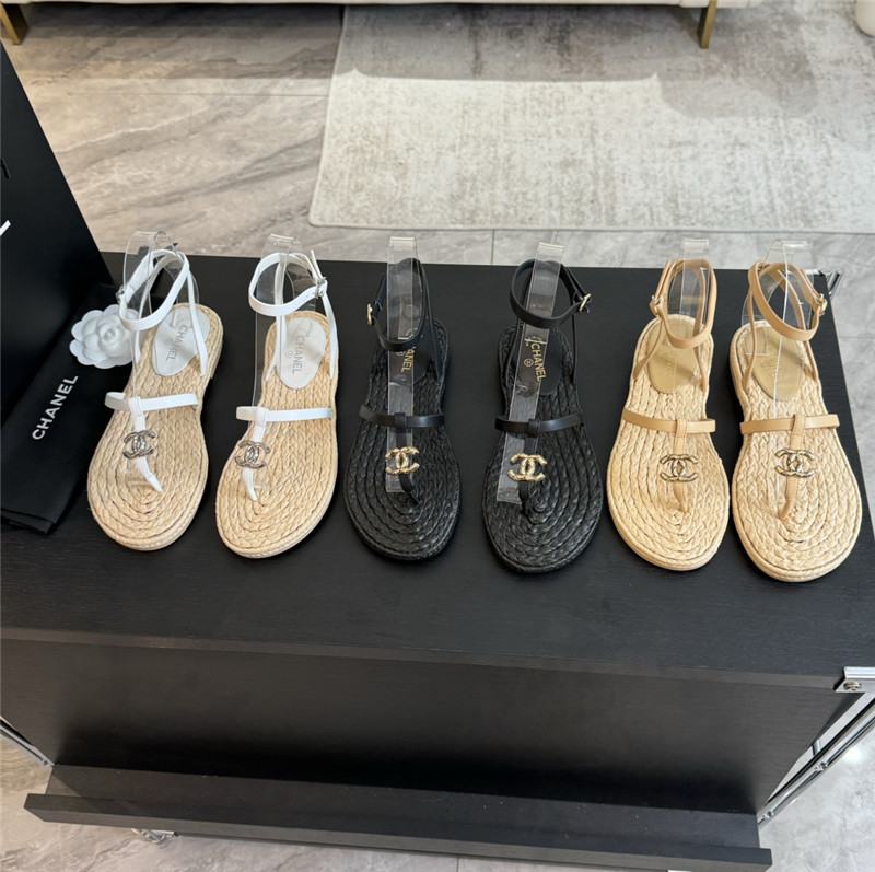 Ch**el logo t-strap raffia sandals in white