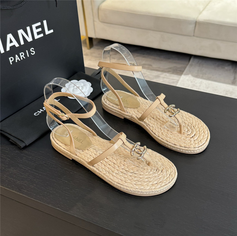 Ch**el logo t-strap raffia sandals in beige
