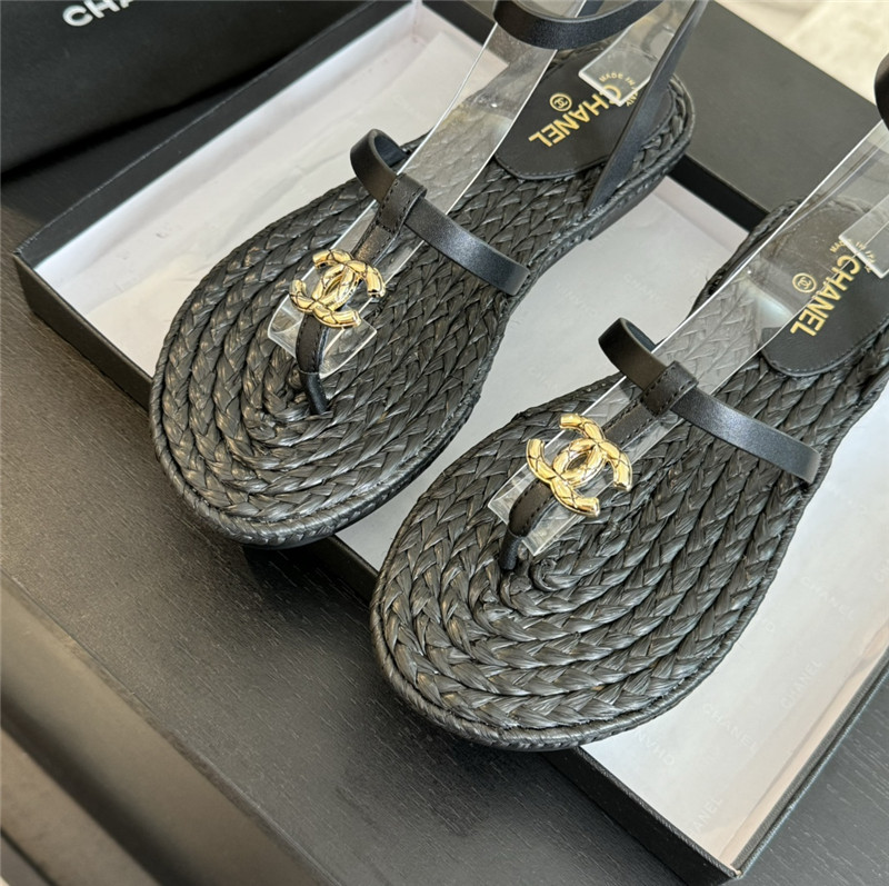 Ch**el logo t-strap raffia sandals in black