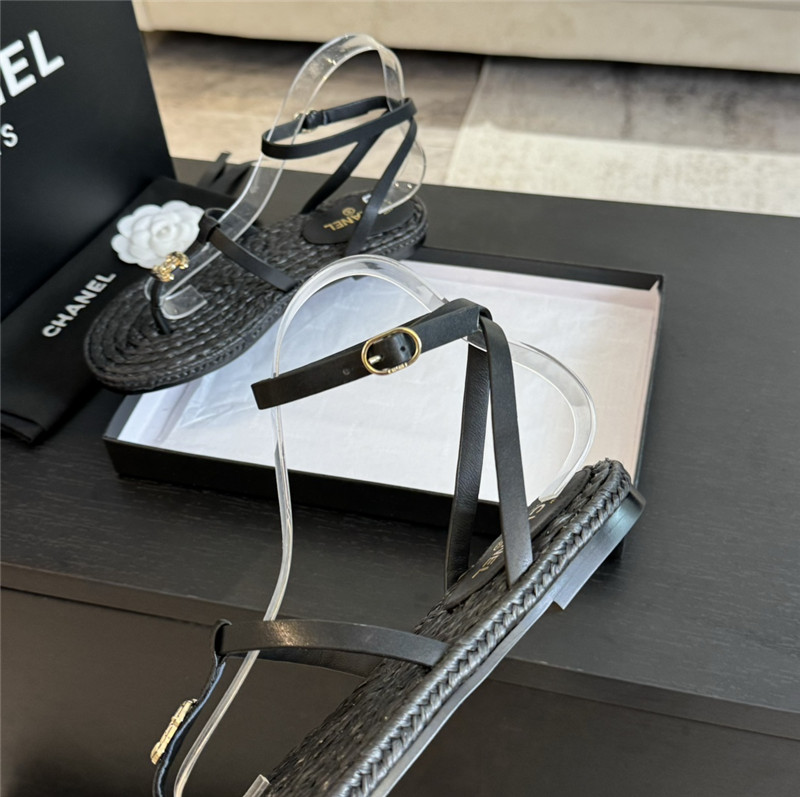 Ch**el logo t-strap raffia sandals in black