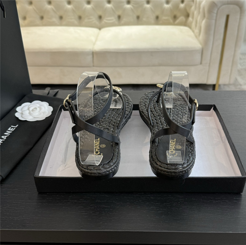 Ch**el logo t-strap raffia sandals in black