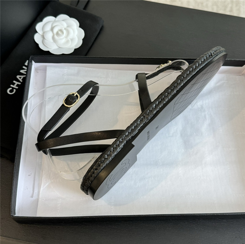 Ch**el logo t-strap raffia sandals in black