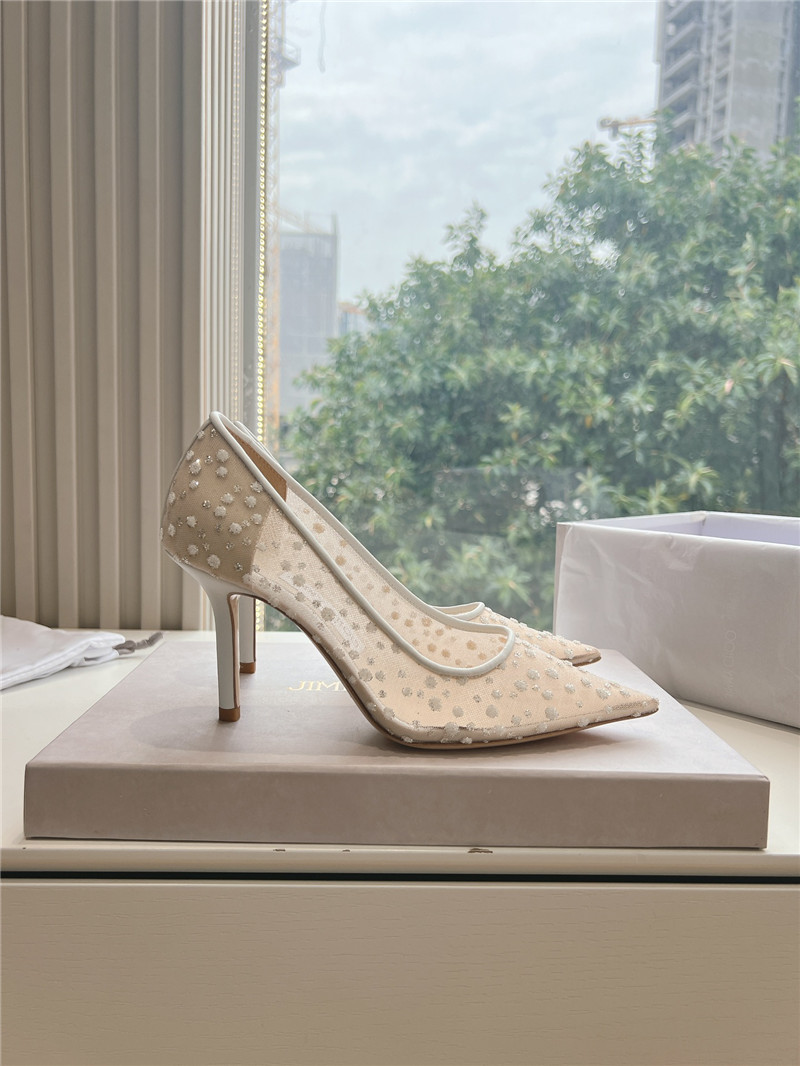 J1m*y Ch00 white mesh pumps with dégradé crystals