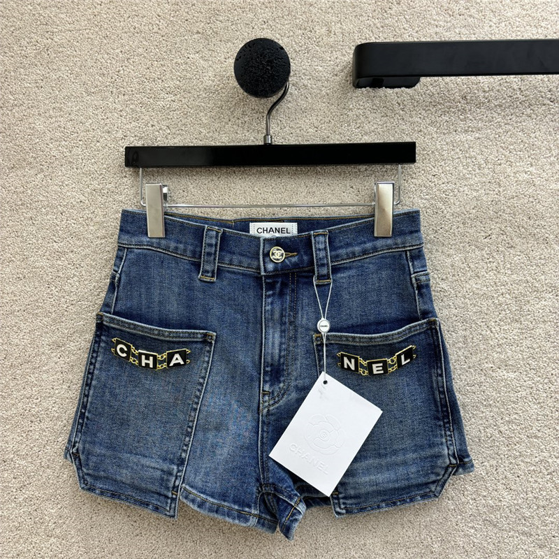 Ch**el chain embellished denim shorts replica clothes