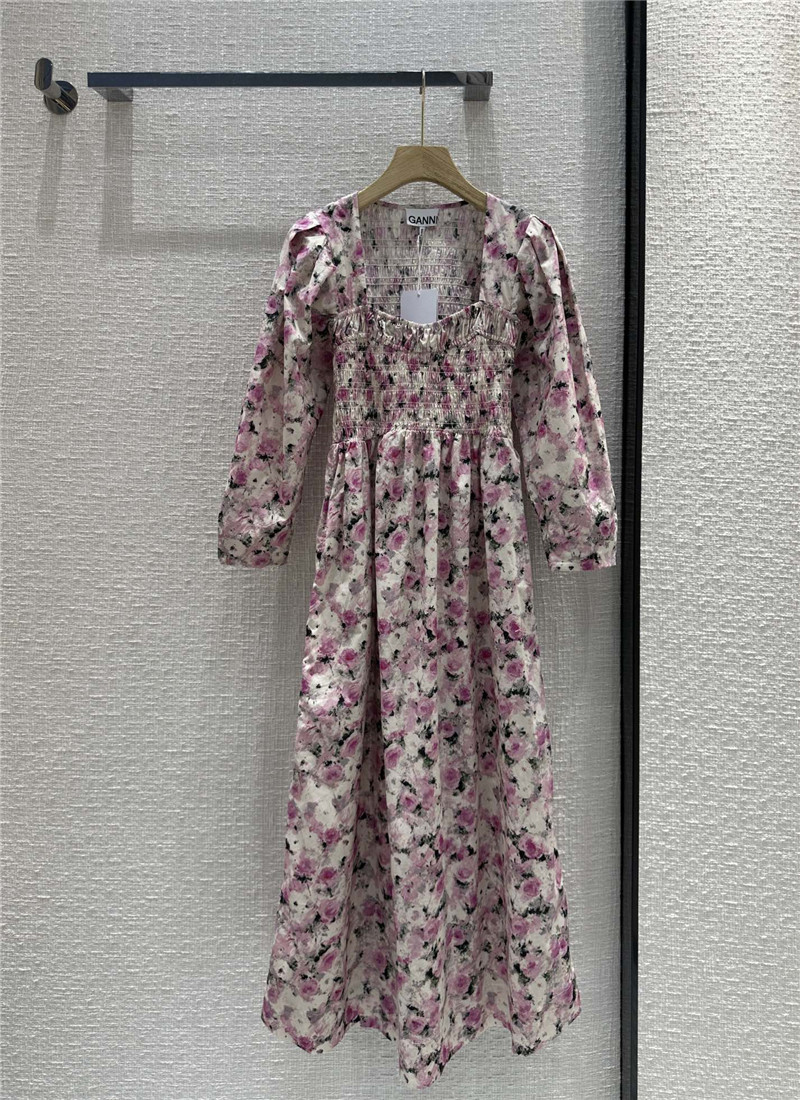 Ganni pink floral print puff sleeve dress replica clothes