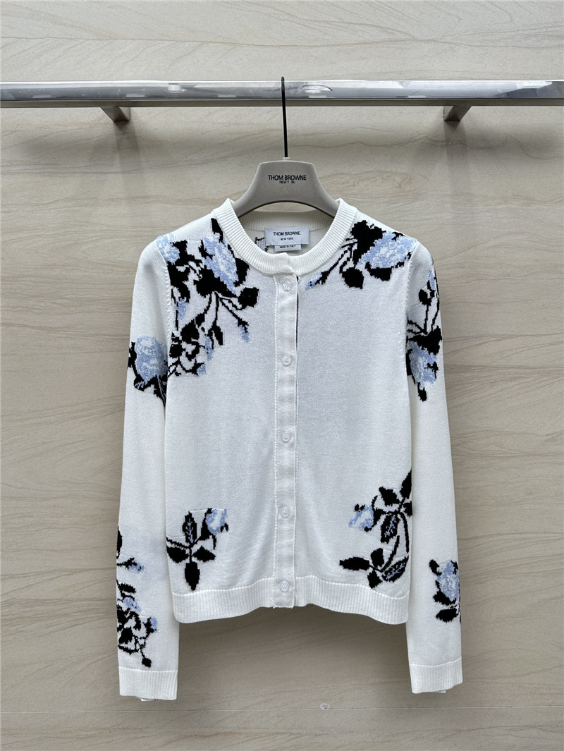 Thom Browne Floral-Intarsia Cashmere Cardigan