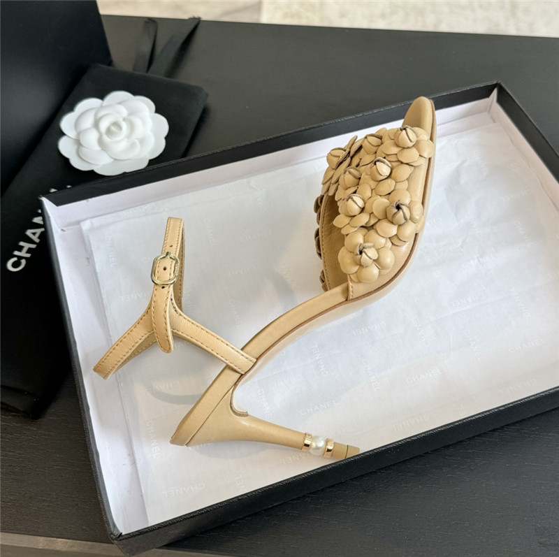 Ch**el camellia strap high heel sandals beige