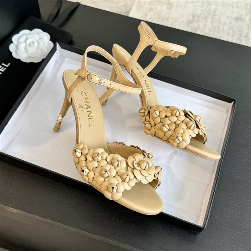 Ch**el camellia strap high heel sandals beige