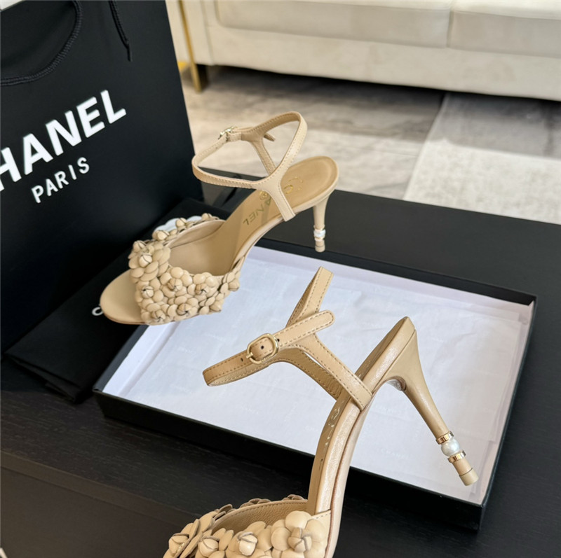 Ch**el camellia strap high heel sandals beige