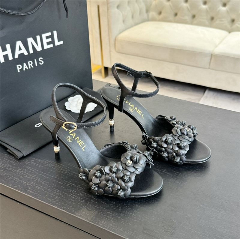 Ch**el camellia strap high heel sandals black