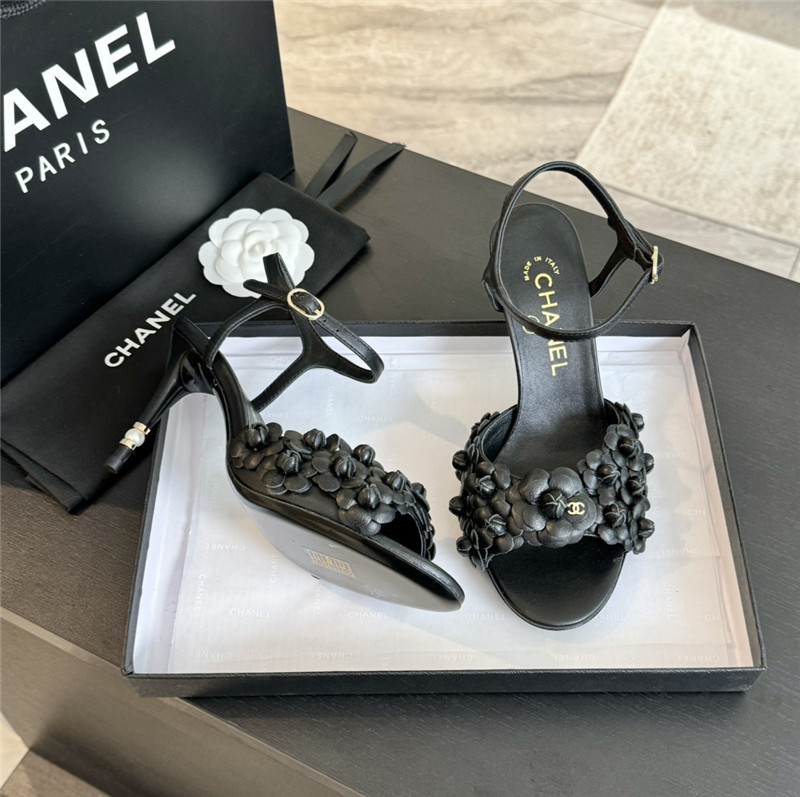 Ch**el camellia strap high heel sandals black