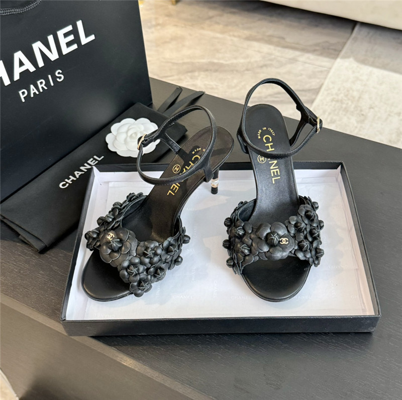 Ch**el camellia strap high heel sandals black