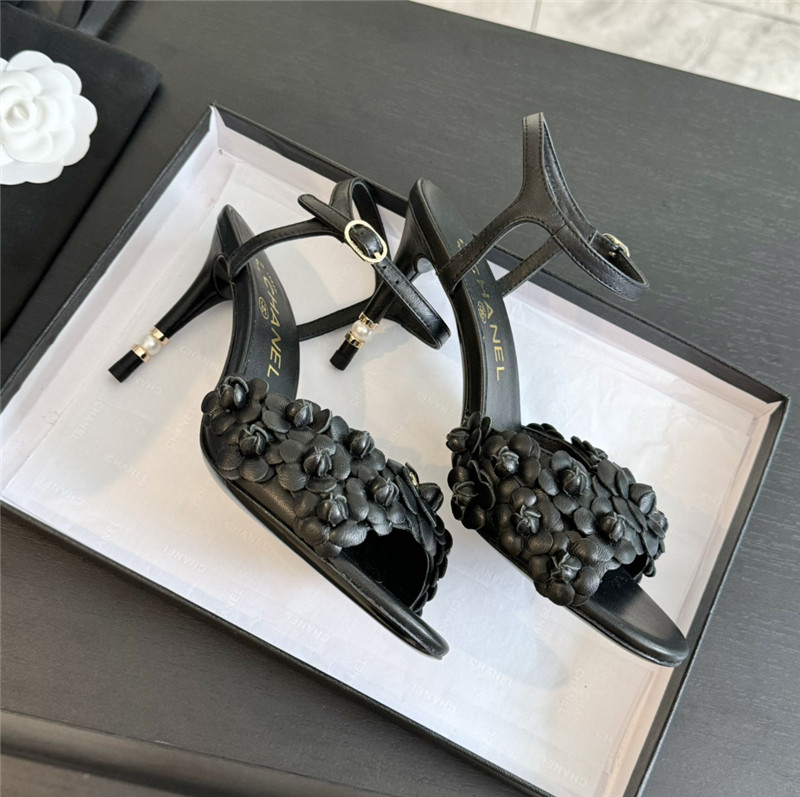 Ch**el camellia strap high heel sandals black