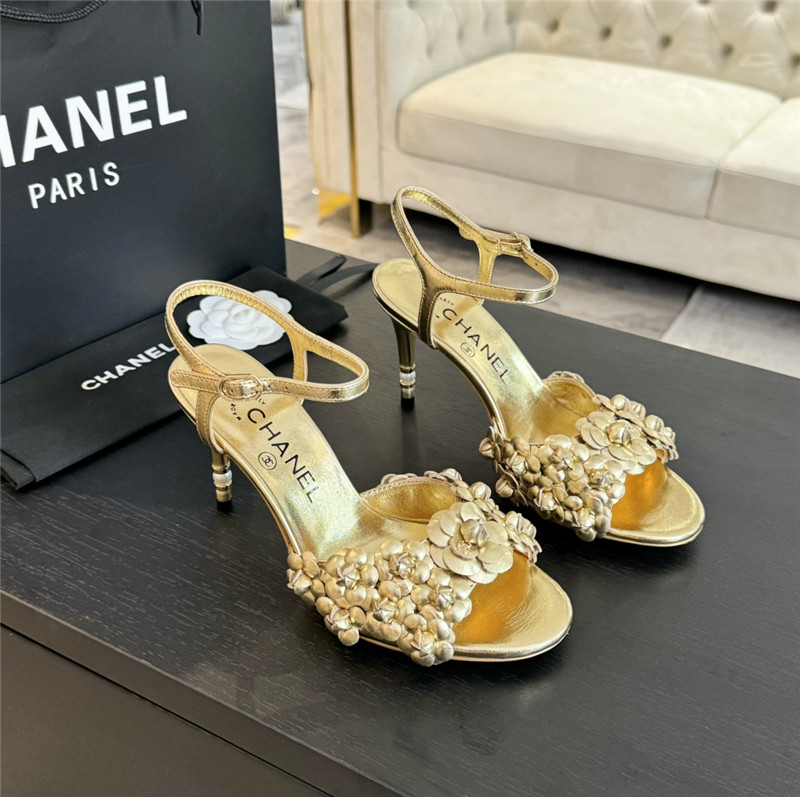 Ch**el camellia strap high heel sandals gold