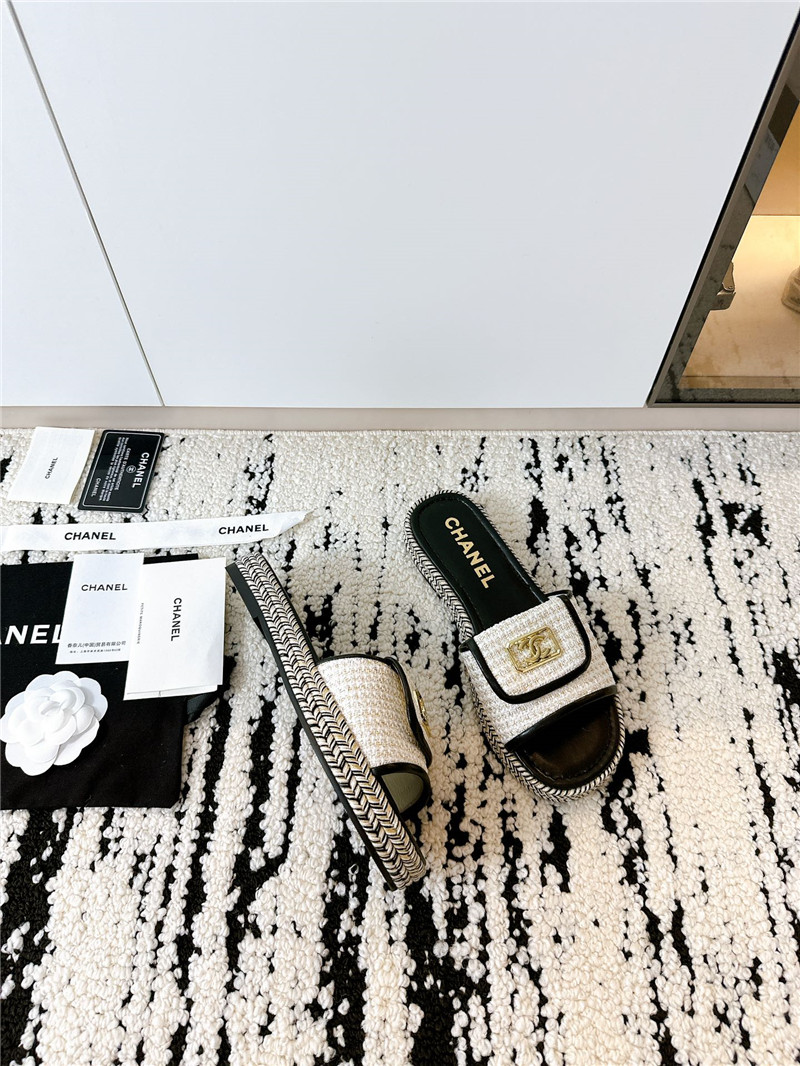 Ch**el tweed black calfskin slippers