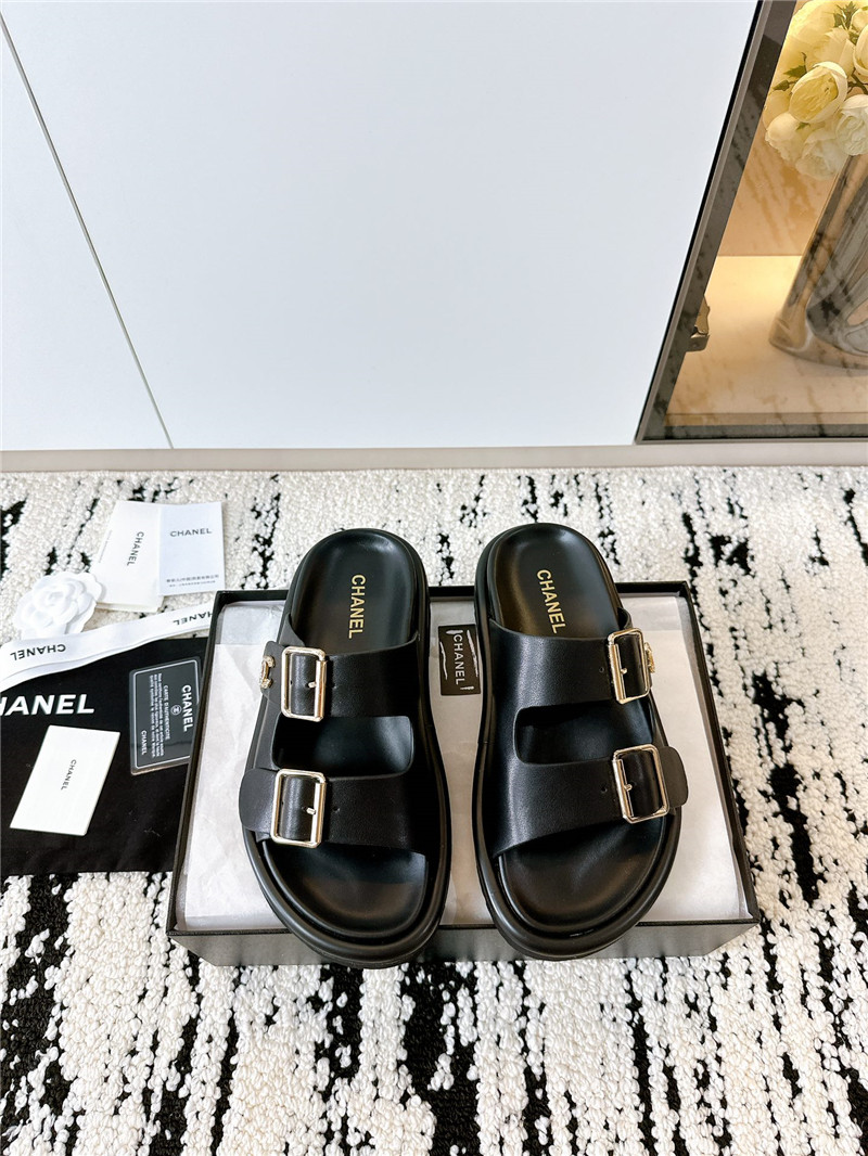Ch**el buckle platform slippers sandals black