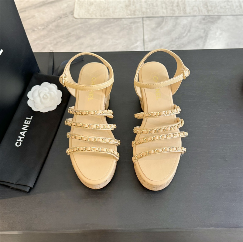 Ch**el leather chain platform sandals beige