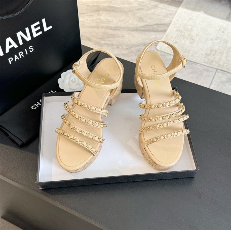 Ch**el leather chain platform sandals beige