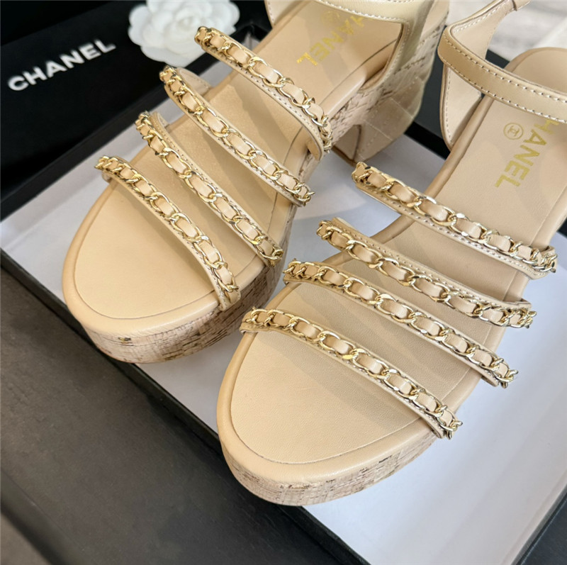 Ch**el leather chain platform sandals beige