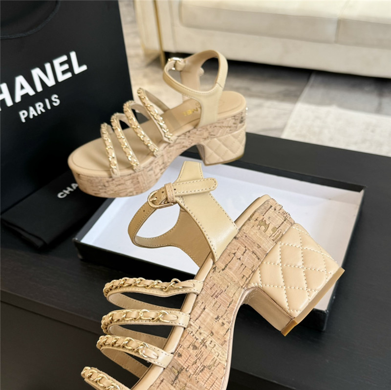 Ch**el leather chain platform sandals beige