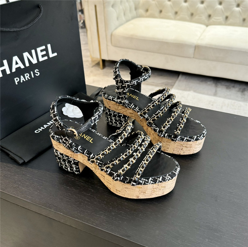 Ch**el tweed chain platform sandals black