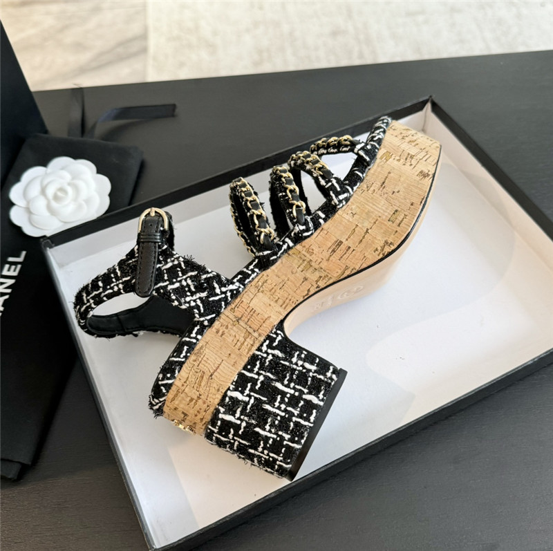 Ch**el tweed chain platform sandals black