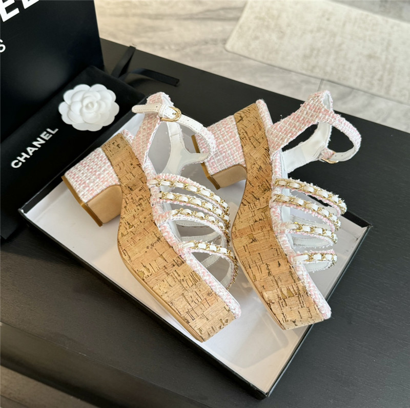 Ch**el tweed chain platform sandals in white