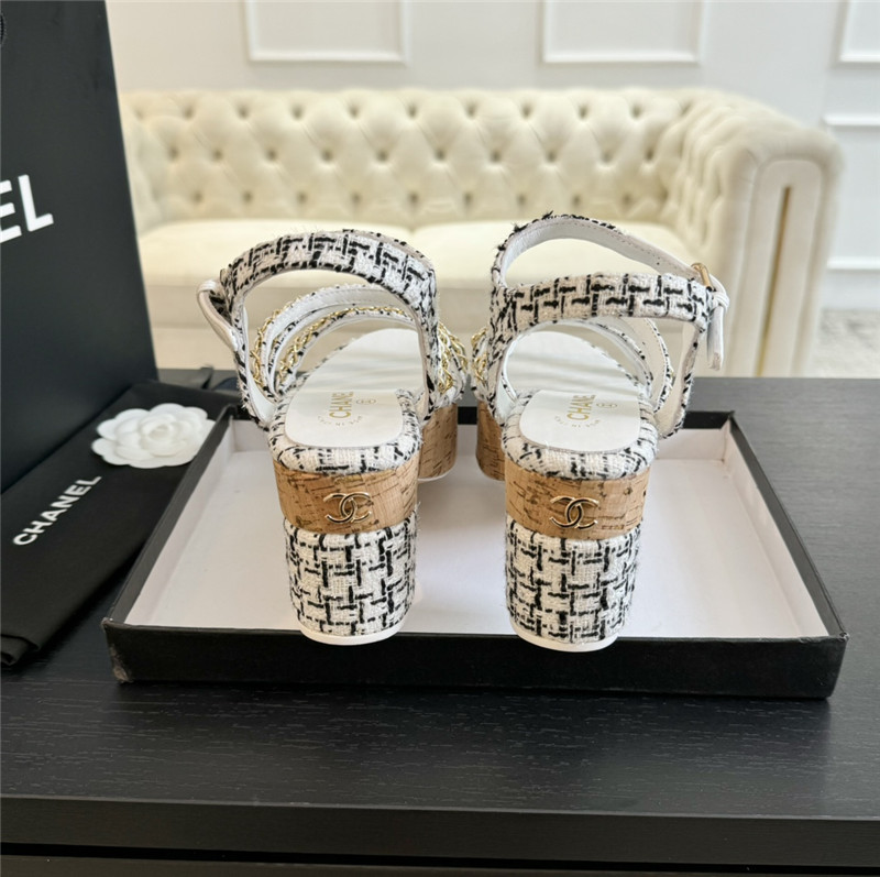 Ch**el tweed chain platform sandals in white