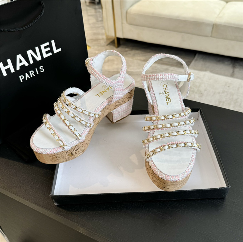 Ch**el tweed chain platform sandals in white
