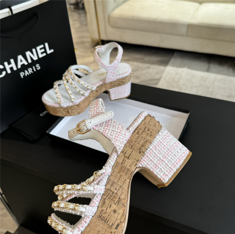 Ch**el tweed chain platform sandals in white