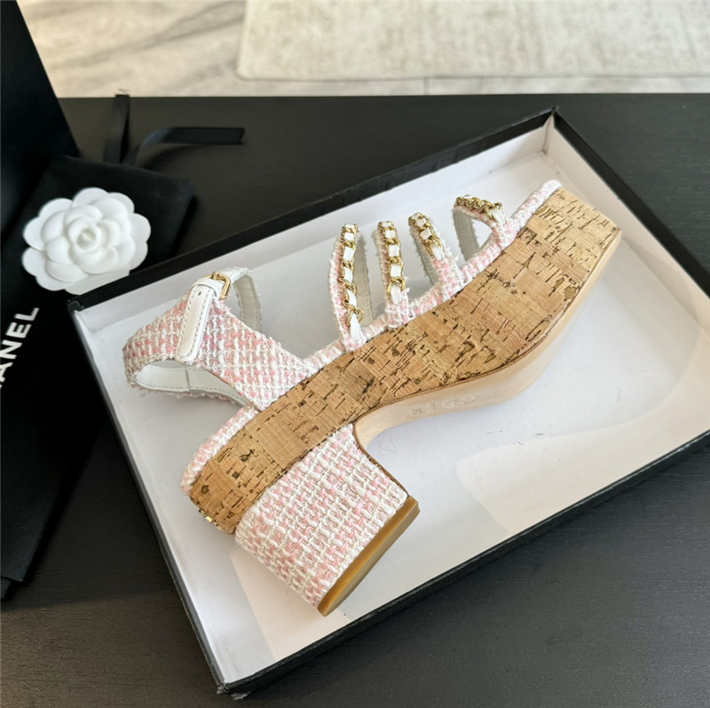 Ch**el tweed chain platform sandals in white