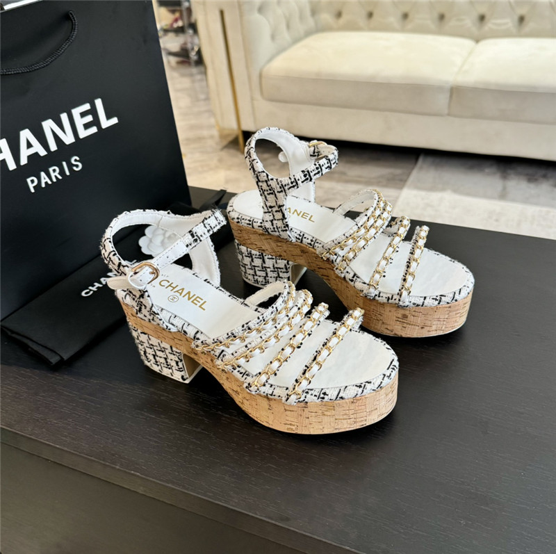 Ch**el tweed chain platform sandals