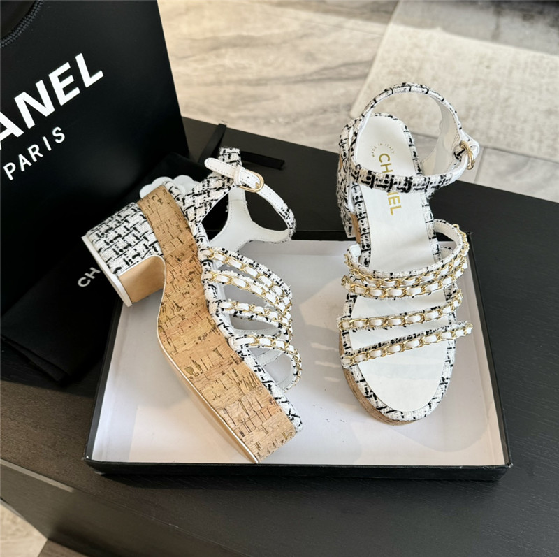 Ch**el tweed chain platform sandals